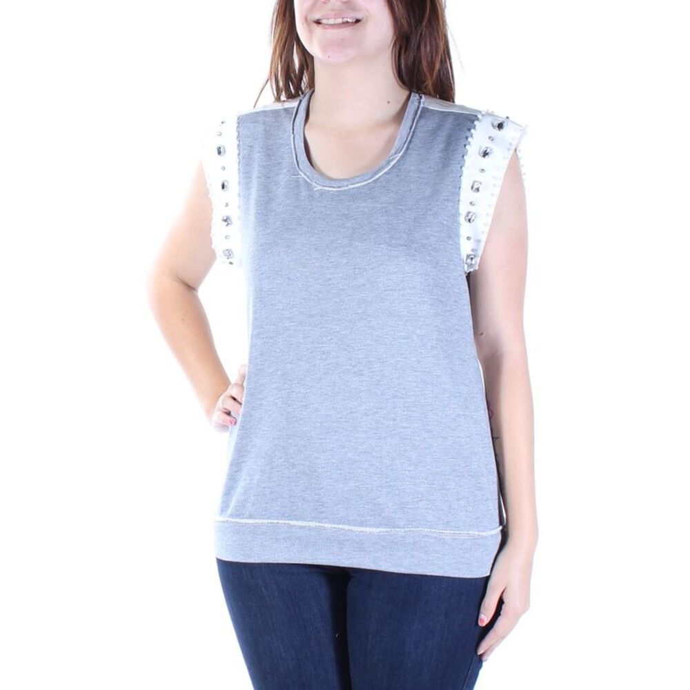 SAN JOY Womens Gray Rhinestone Cap Sleeve Round Neck T-Shirt Size: S